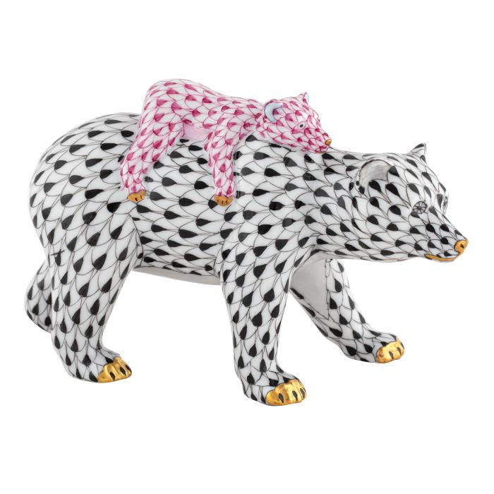 Herend Decorative Bear and Baby - Black/Pink