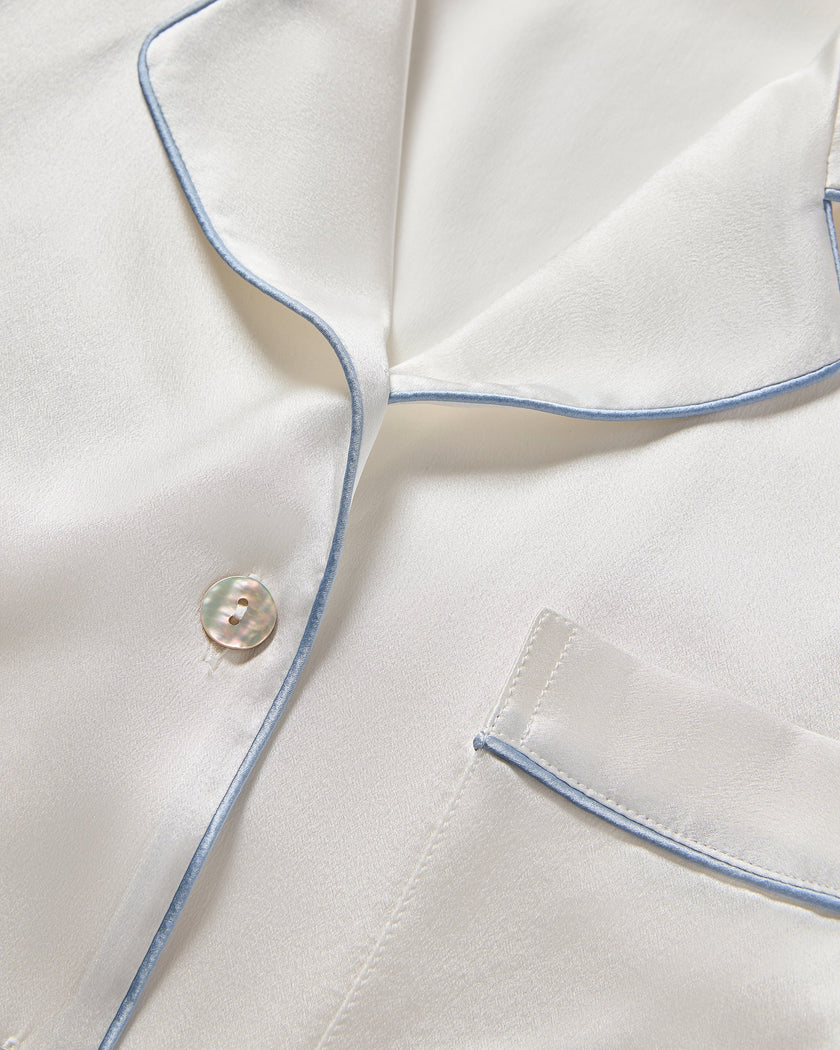 Petite Plume Washable Silk Pajama Set - White/Periwinkle