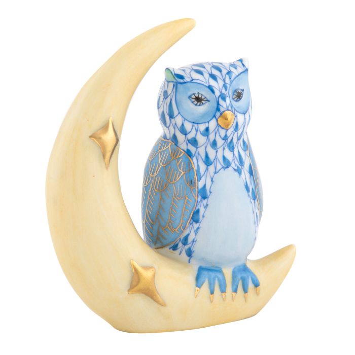 Herend Decorative Owl with Crescent Moon - Blue