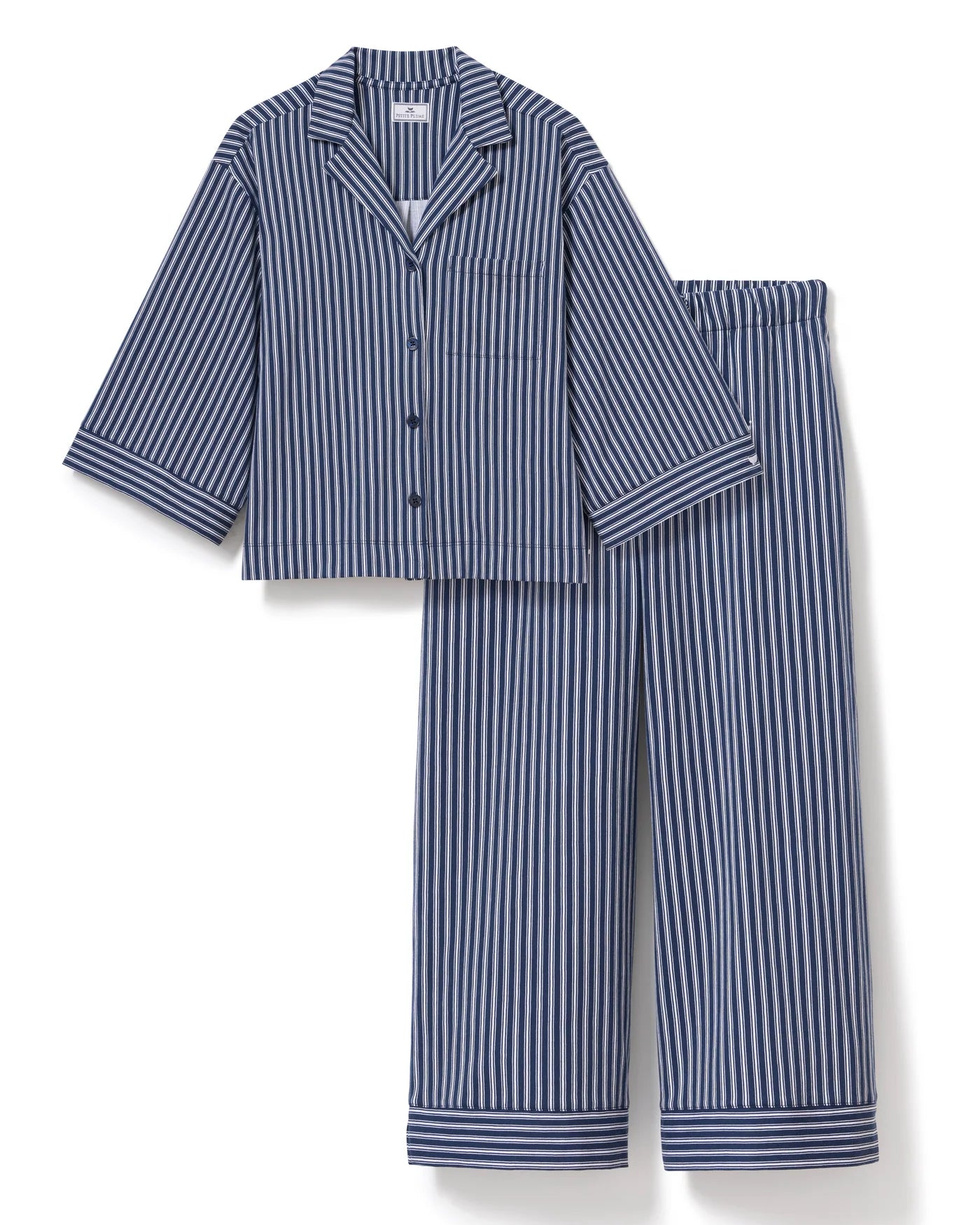 Petite Plume Olivia Wide Leg Pima Pajama Set - Admiral Navy Ticking