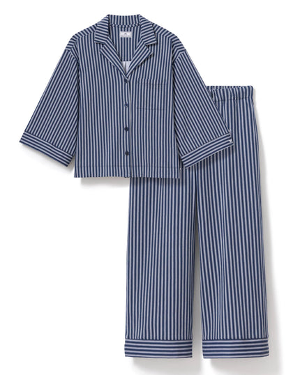 Petite Plume Olivia Wide Leg Pima Pajama Set - Admiral Navy Ticking