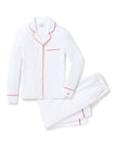 Petite Plume Women’s Long Pima Pajama Set - White with Red Piping