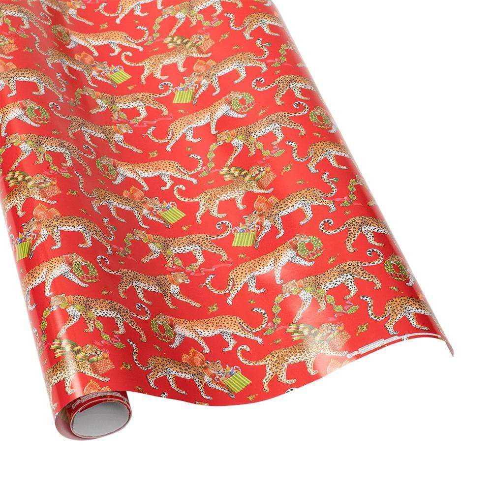 Caspari Christmas Leopards Wrapping Paper - Red